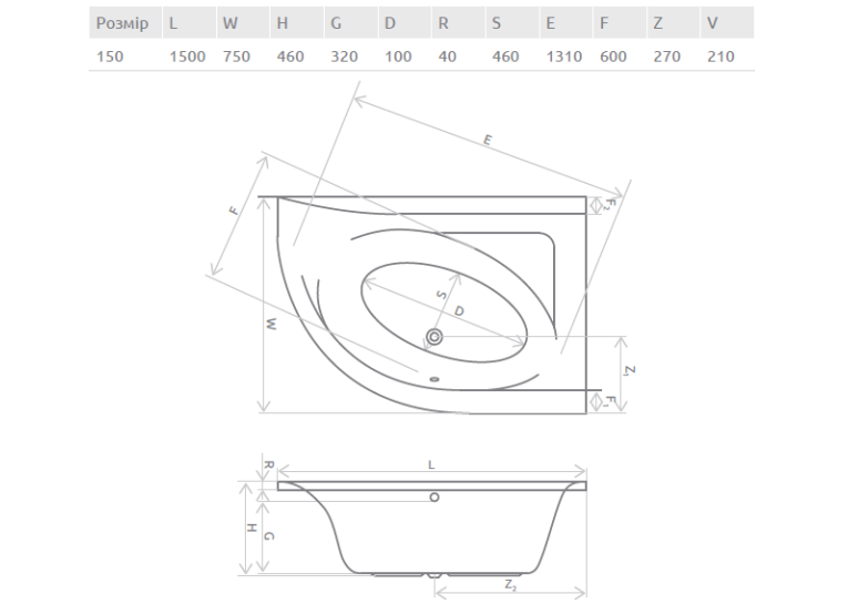 Ванна акриловая RADAWAY Mistra 150x100L (WA1-07-150x100LS) + ножки (68Р)