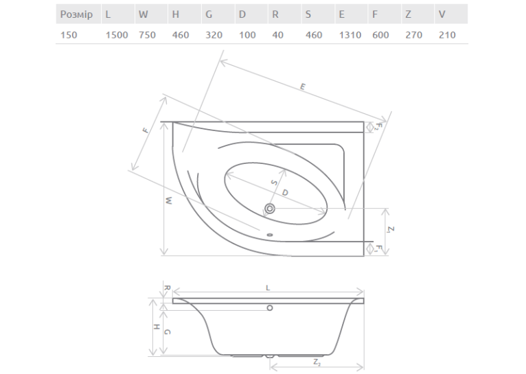 Ванна акриловая RADAWAY Mistra 150x100L (WA1-07-150x100LS) + ножки (68Р)