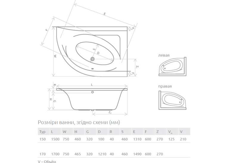 Ванна акрилова RADAWAY Mistra 170x110L (WA1-07-170x110LS) + ніжки (68Р) + сифон R135L (Знижена в ціні позиція)