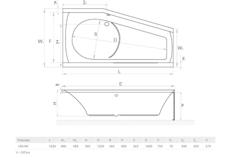 Ванна акриловая RADAWAY NOELIA 165x90L (WA1-49-165x090L) + ножки (NWE-68)