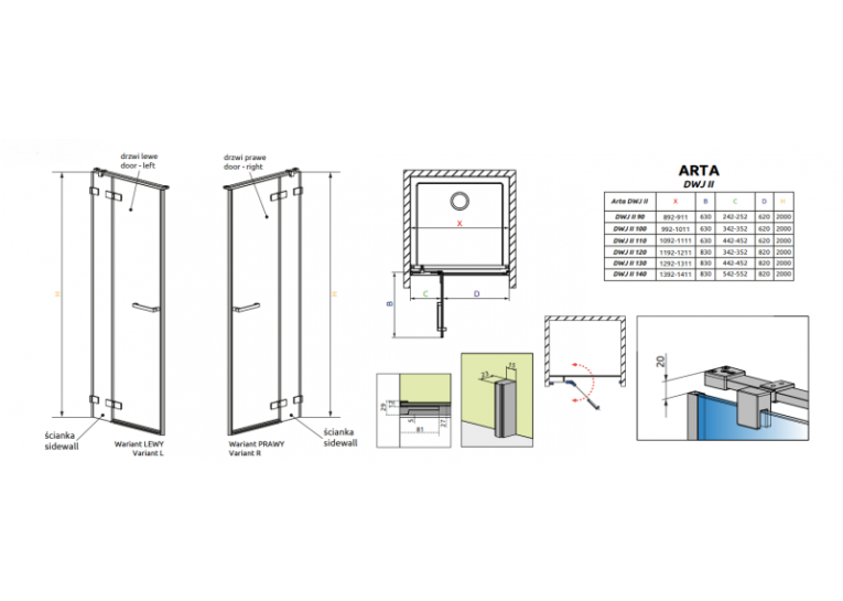 Душові двері RADAWAY Arta DWJ II 140 386444-03-01L + 386016-03-01L