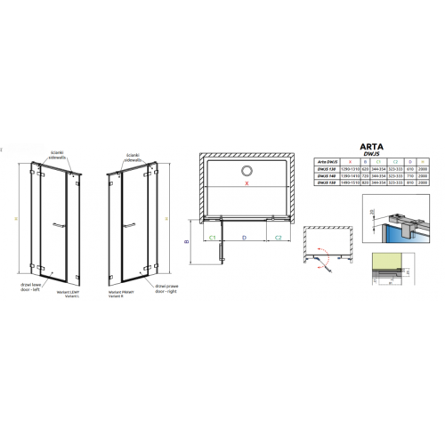 Душевая дверь RADAWAY Arta DWJS 140 386456-03-01L + 386122-03-01L
