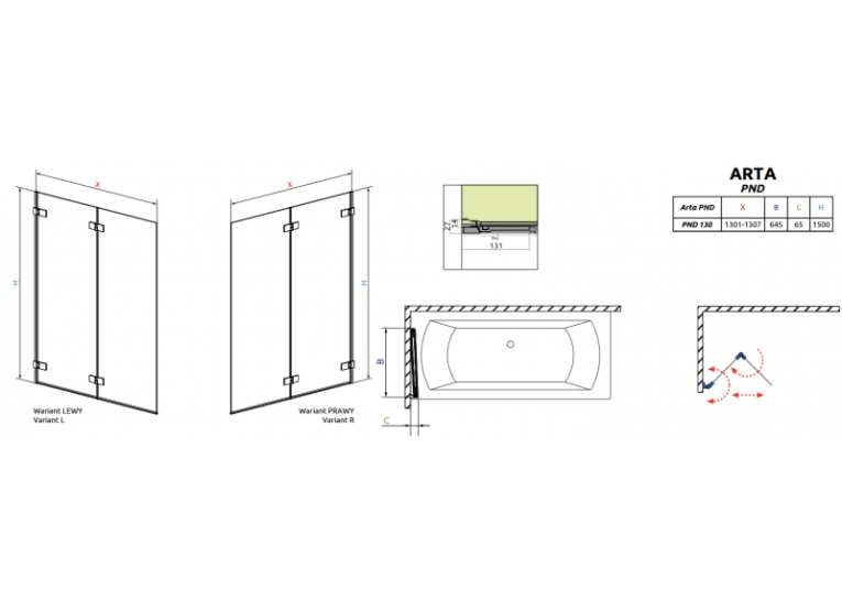 Шторка для ванны RADAWAY Arta PND 130,  210213-01L