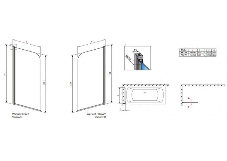 Шторка для ванни RADAWAY Eos PNJ 50, 205102-101R