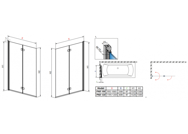 Шторка для ванни RADAWAY Essenza New PND 120, 207212-01L