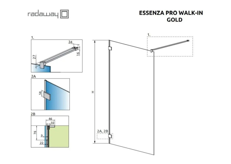  Душова кабіна RADAWAY Essenza Pro Gold Walk-in 550x2000 золотий/прозоре скло 10103055-09-01
