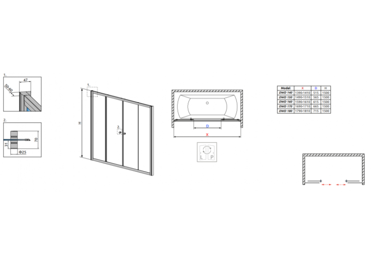 Шторка для ванни RADAWAY Vesta DWD 170, 203170-01