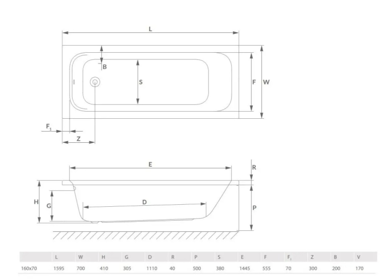 Ванна акрилова RADAWAY MIA Eco 170x70 (WA1-55-170x070) + ніжки (NWE-68)
