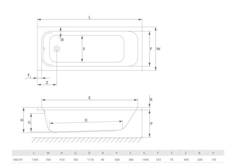 Ванна акрилова RADAWAY MIA Eco 170x70 (WA1-55-170x070) + ніжки (NWE-68)