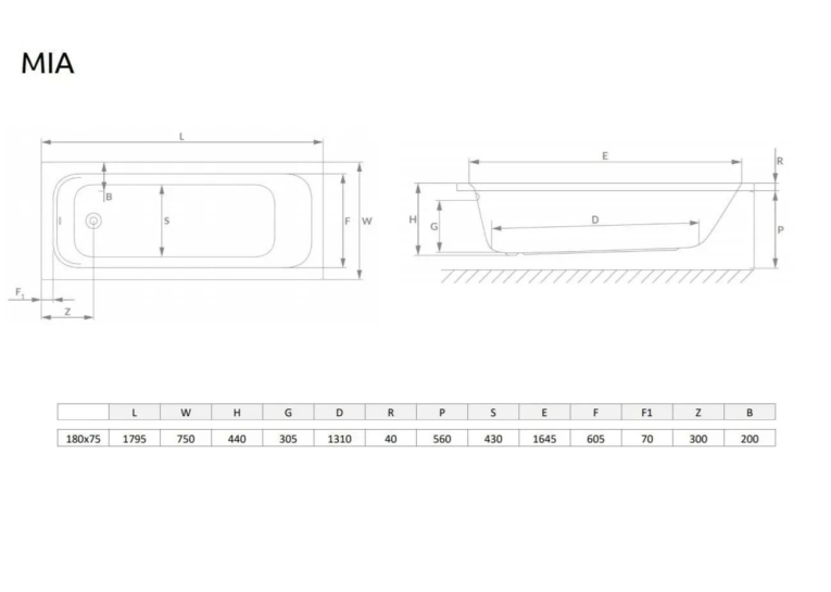 Ванна акрилова Radaway MIA Eco 180x75 з ніжками WA1-55-180x075