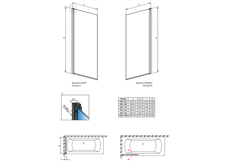 Шторка для ванни RADAWAY Nes 8 Black PNJ I Frame Right, 10061050-54-56R