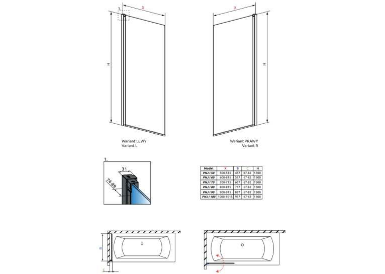 Шторка для ванны RADAWAY Nes 8 Black PNJ I Frame Left, 10061050-54-56L