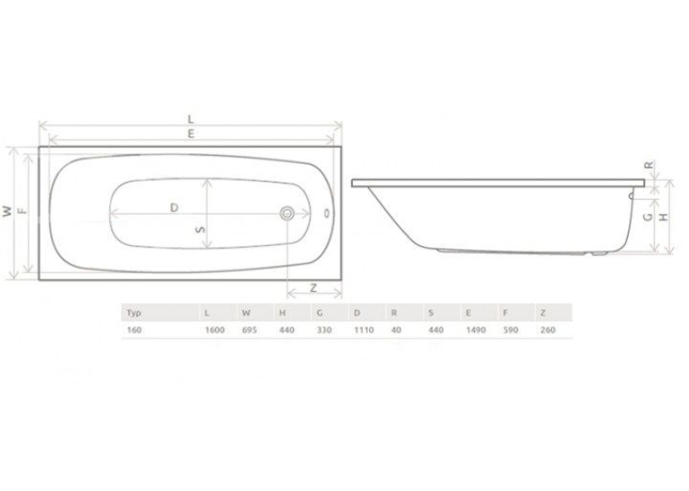 Ванна акрилова RADAWAY Tesalia 160x70 (WA1-06-160x070US) + ніжки (NWE-68) + сифон R135