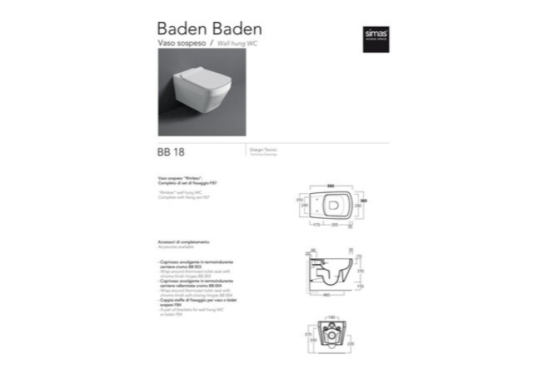 Унітаз підвісний Simas Baden Baden BB 18 з кришкою Soft Close WHITE Matte BB18/F87(85)/BB004WM SIMAS White matt