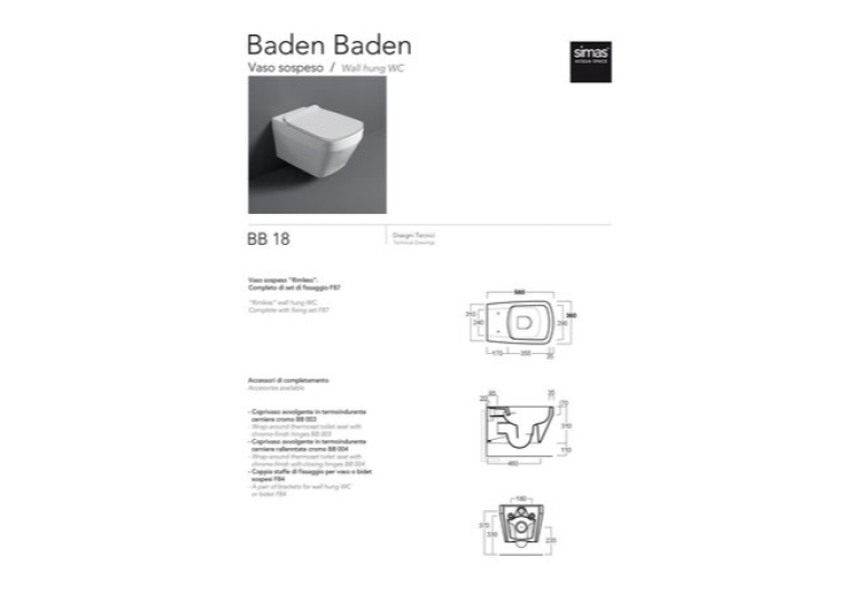 Подвесной унитаз Simas Baden-Baden BB 18 c кришкою Soft Close WHITE Matte BB18/F87(85)/BB004WM SIMAS White matt