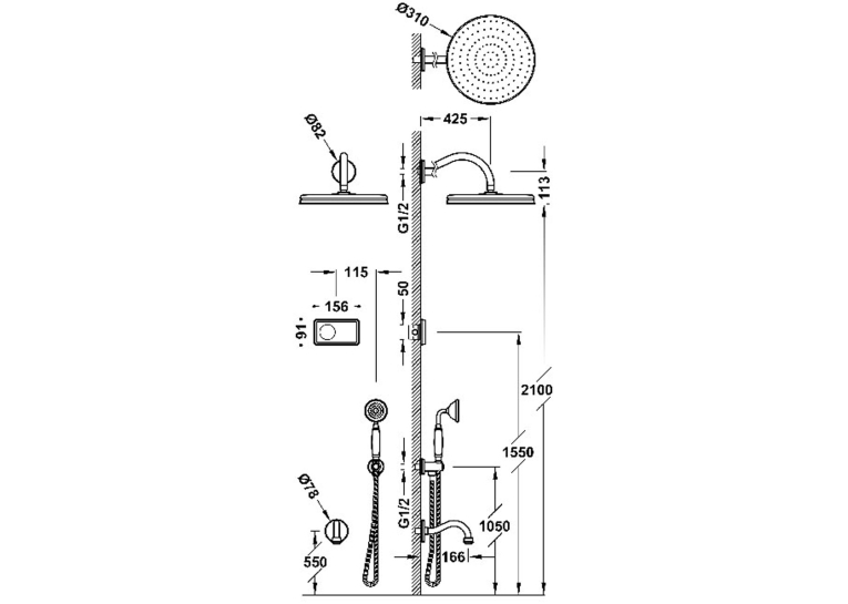 Душова система з термостатом Tres Clasic Shower Technology, з ел. кер. (верх.душ Ø 300 мм), стара латунь, 09226301LV