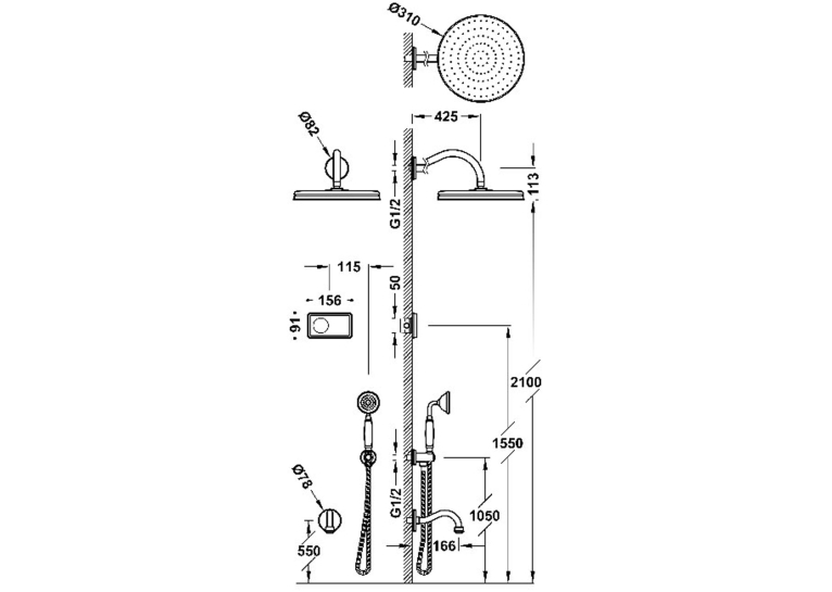 Душова система з термостатом Tres Clasic Shower Technology, з ел. кер. (верх.душ Ø 300 мм), стара латунь, 09226301LV