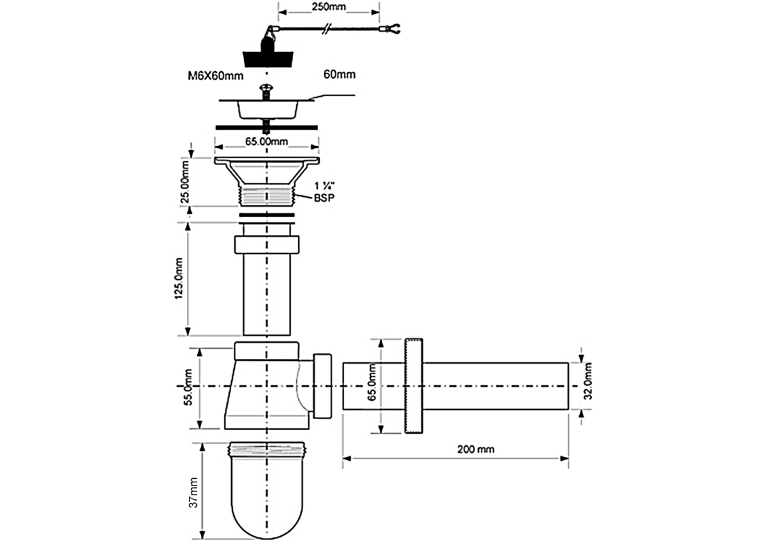 Сифон для раковини McALPINE, хром 220+255CB
