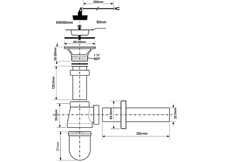 Сифон для раковини McALPINE, хром 220+255CB
