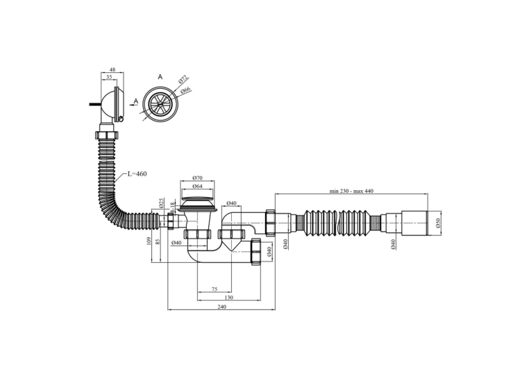 Сифон для ванни Agua BS05K 1 1/2"х40/50 мм з системою Сlick-Сlack, з переливом та ревізією, CV033454
