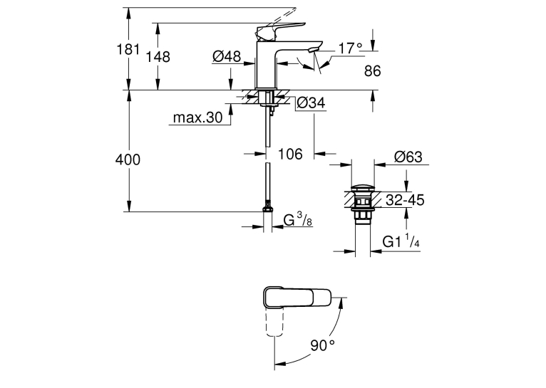 Одноважільний змішувач для раковини Grohe Cubeo S-розміру 1017320000
