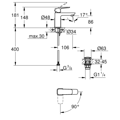 Одноважільний змішувач для раковини Grohe Cubeo S-розміру 1017322430