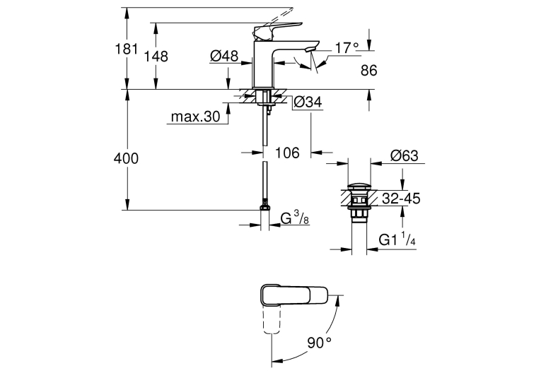 Одноважільний змішувач для раковини Grohe Cubeo S-розміру 1017322430