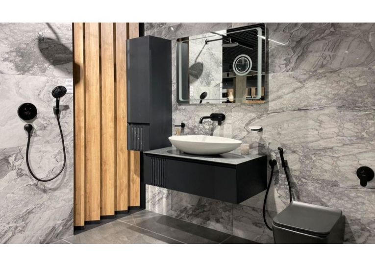Тумба консольна AQUA RODOS Манхеттен Антрацит матовий зі стільницею КР Namibia Black 100 см та умивальником ONE 46 см коло АР000049049
