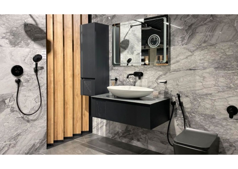 Тумба консольная AQUA RODOS Манхэттен Антрацит матовый со столешницей КР Namibia Black 120 см и умывальником ONE 46 см круг черный АР000110457