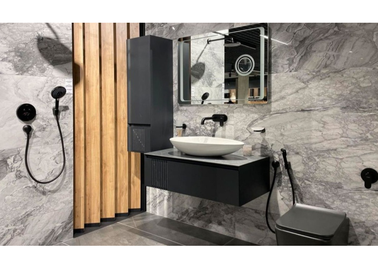 Тумба консольна AQUA RODOS Манхеттен Антрацит матовий зі стільницею КР Namibia Black 100 см та умивальником ONE 46*46 см квадрат АР000049051