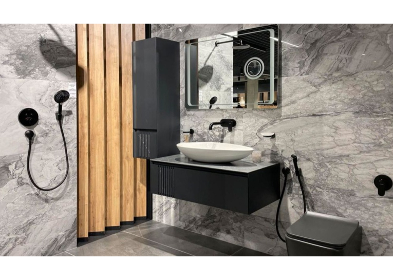 Тумба консольна AQUA RODOS Манхеттен Антрацит матовий зі стільницею КР Namibia Black 120 см та умивальником Olive 74 см чорний АР000110454