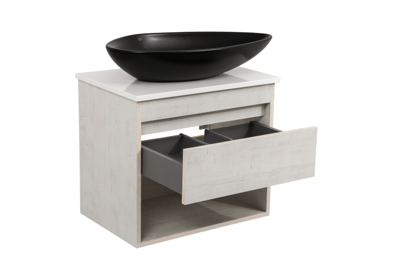 Тумба консольна AQUA RODOS "Shelf" (нордленд) 65 см (1 ящик) зі стільн. Loft-Iron та ум. "Olive" 74 см чорний мат АР000085192