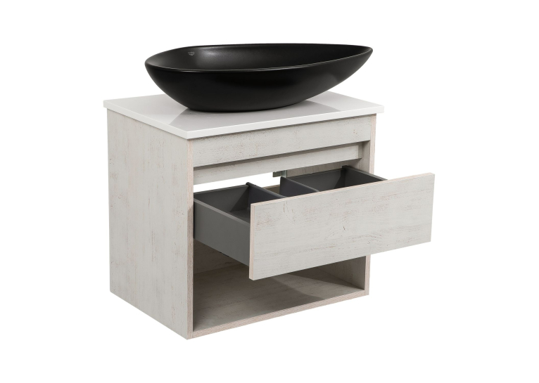 Тумба консольная AQUA RODOS "Shelf" (Нордленд) 65 см (1 ящик) со столешн. Loft-Iron и ум. "Olive" 74 см чорний мат АР000085192