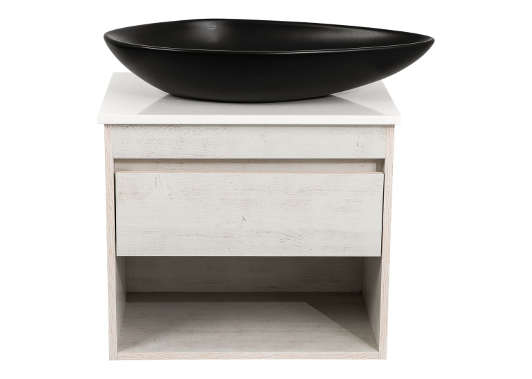 Тумба консольна AQUA RODOS "Shelf" (нордленд) 65 см (1 ящик) зі стільн. Loft-Iron та ум. "Olive" 74 см чорний мат АР000085192