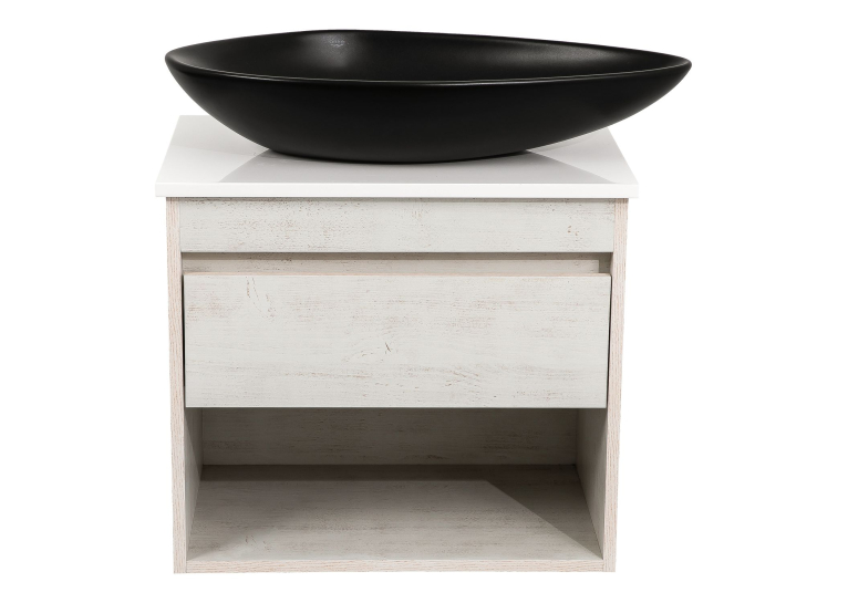Тумба консольная AQUA RODOS "Shelf" (Нордленд) 65 см (1 ящик) со столешн. Loft-Iron и ум. "Olive" 74 см чорний мат АР000085192
