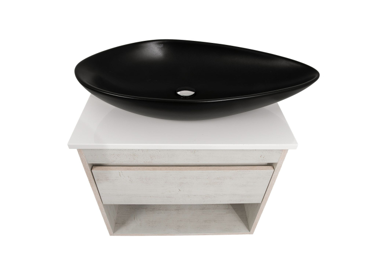 Тумба консольна AQUA RODOS "Shelf" (нордленд) 65 см (1 ящик) зі стільн. Loft-Iron та ум. "Olive" 74 см чорний мат АР000085192