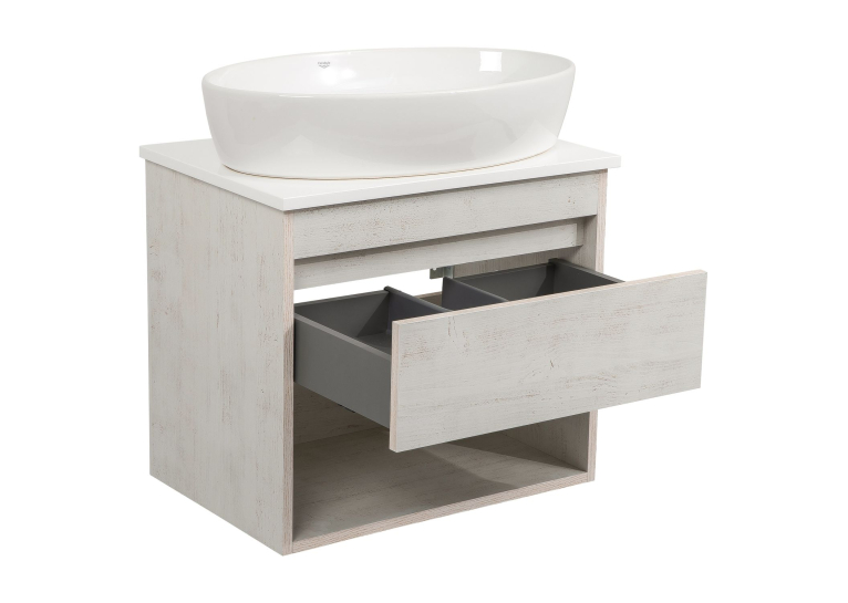 Тумба консольная AQUA RODOS "Shelf" (Нордленд) 65 см (1 ящик) со столешн. Loft-Iron и ум. "One" 67 см (овал) АР000085182