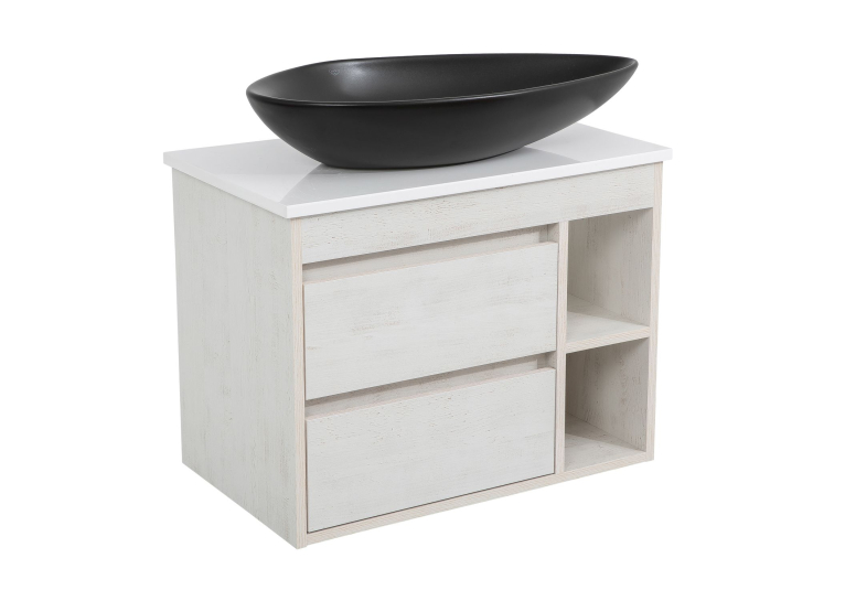 Тумба консольная AQUA RODOS "Shelf" (нордленд) 75 см со столешницей Loft-Iron и ум. "Olive" 74 см черный мат АР000085194