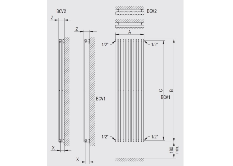 Вертикальний радіатор Betatherm  Elipse 1 1800*445 (Білий RAL9016M, підк. №99) BCV 1180/11 9016M 99