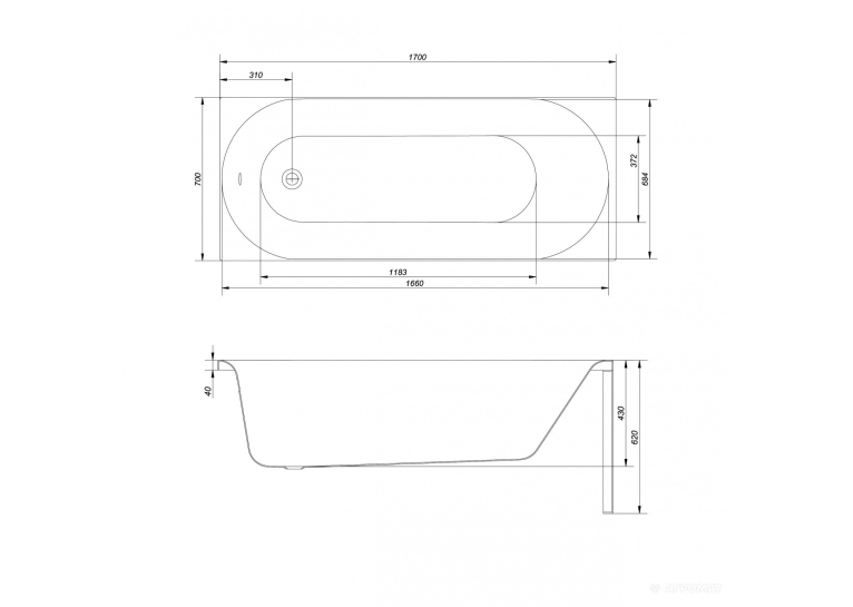 Ванна акрилова Cersanit OCTAVIA 170 x 70 прямокутна з ніжками, S301-253