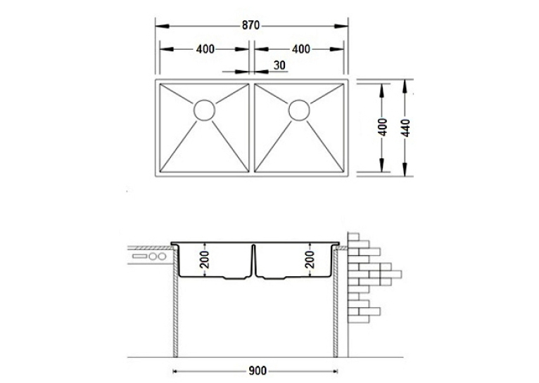  Кухонна мийка Fabiano Quadro 87x44 S/Steel