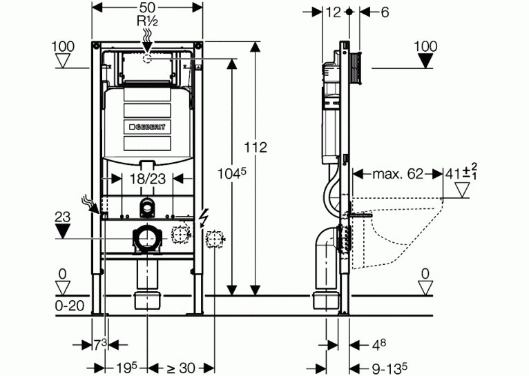  ᐉ Інсталяційна система Geberit Duofix для підвісного унітазу, H112, з вбудованим бачком "Sigma" 12см, для змивних клавіш "Sigma", 111.300.00.5