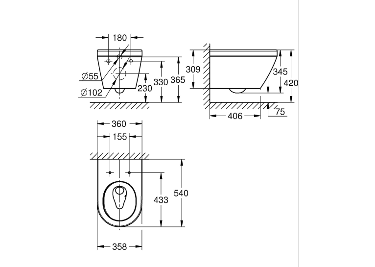 Унитаз подвесной Grohe Euro Ceramic, смыв Triple Vortex, покрытие HyperClean  102485SH00
