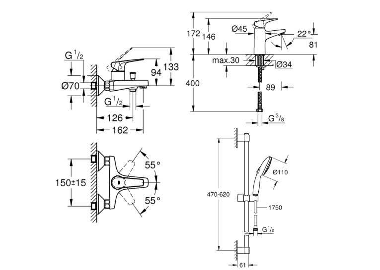 Комплект змішувачів для ванної кімнати 3 в 1 Grohe Bau Flow UA121624S1