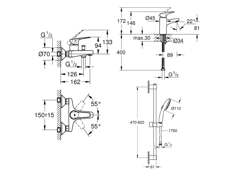 Комплект змішувачів для ванної кімнати 3 в 1 Grohe Bau Flow UA121624S1
