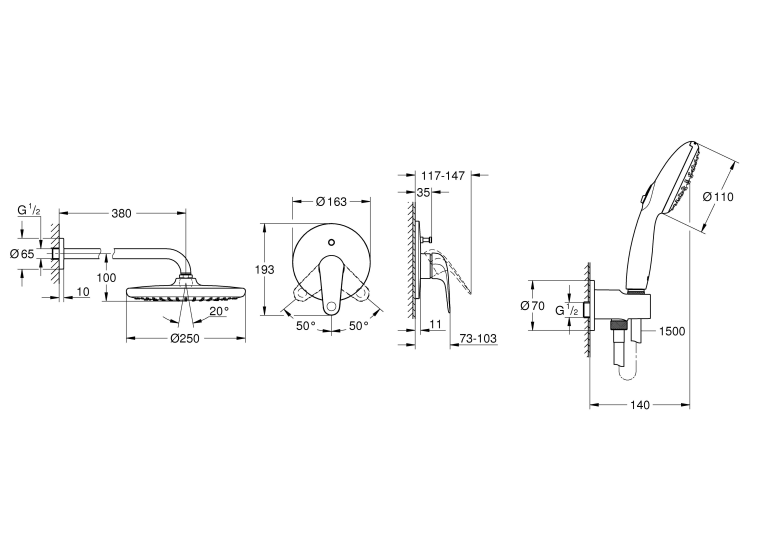 Душова система прихованого монтажу зі змішувачем Grohe Euroeco з Tempesta 250 UA2939200L