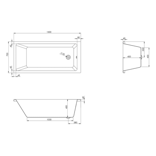 Чеська ванна прямокутна акрилова HES DAO 150x70 CZ з ніжками HDA15070W