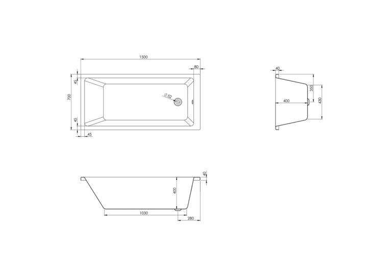 Чеська ванна прямокутна акрилова HES DAO 150x70 CZ з ніжками HDA15070W