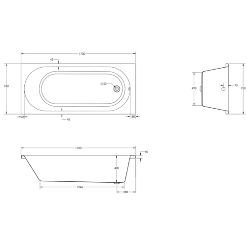 Чеська ванна прямокутна акрилова HES EVO 170x75 CZ з ніжками HEV17075W