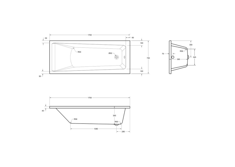 Чеська ванна прямокутна акрилова HES INDIGO 170x70 CZ з ніжками HIN17070W